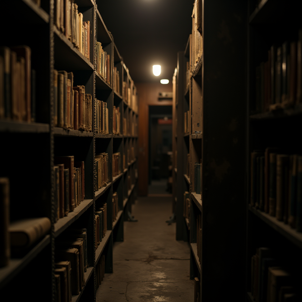 A dimly lit, narrow library aisle with aged books lining tall shelves, leading to a softly illuminated doorway.