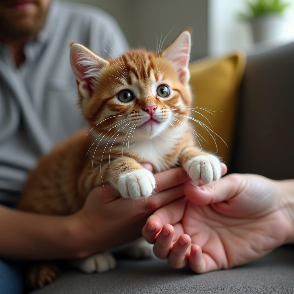 A cute orange and white kitten is cradled gently in human hands, looking curiously ahead.