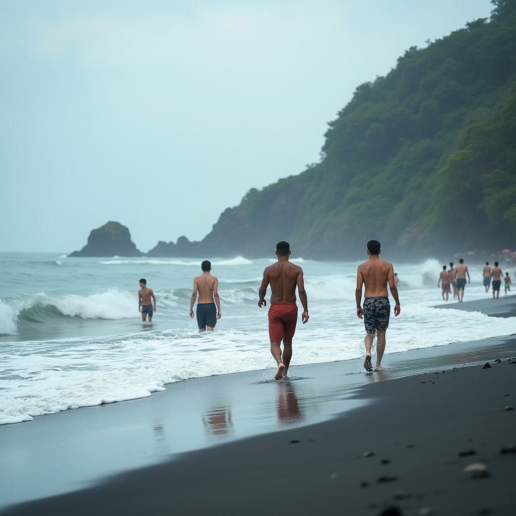 A group of people enjoy a walk on a tranquil, misty beach bordered by lush, green hills.