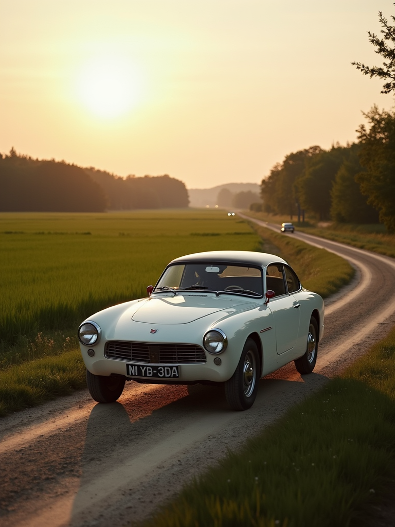 A white sedan is parked on a narrow dirt road surrounded by grassy fields, illuminated by a golden sunset.