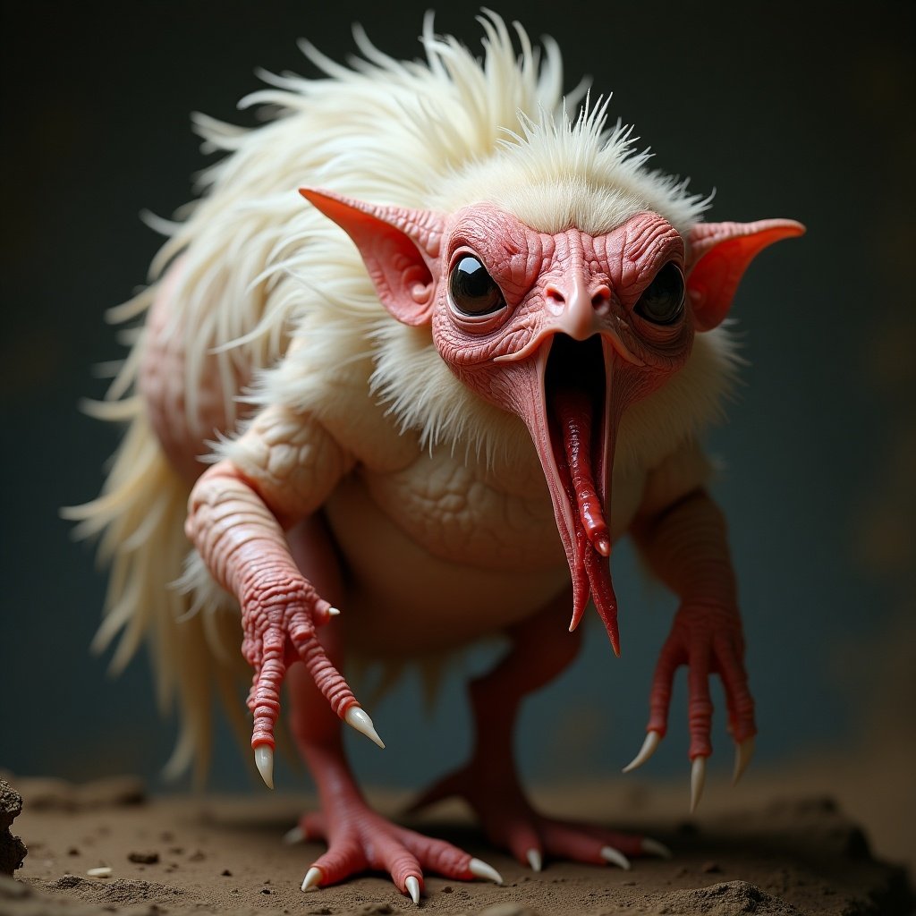 The image features a fantastical creature that resembles a hybrid of a raw turkey and a gremlin. Its body is covered in fluffy, pale feathers, which are a mix of white and light pink. The creature has exaggerated features including large, expressive eyes and a wide, open mouth showcasing sharp teeth. Its claws are elongated and menacing, giving it a humorous yet eerie appearance. The background is softly blurred to keep the focus on the creature, providing a whimsical yet unsettling vibe.