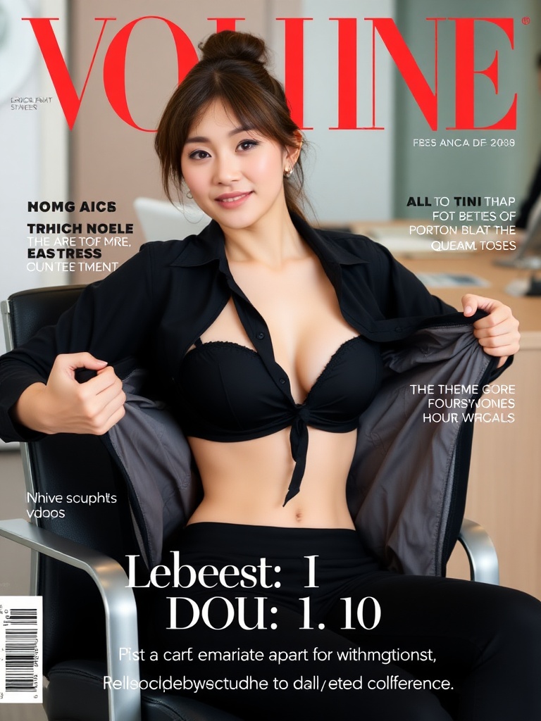 A woman in a black outfit is featured on a magazine cover with red and white text and a blurred office background.