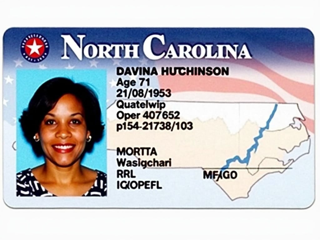 This image displays a North Carolina license card featuring personal information. It includes the name Davina Hutchinson, aged 71, with a date of birth of 21/08/1953. The background of the card shows a map of North Carolina, emphasizing the state's identity. The card is in a standard government design, utilizing shades of blue, white, and red, which enhance its official appearance. The clear headshot of the individual is positioned prominently, making the layout professional. Overall, this card serves functional purposes related to identity verification.