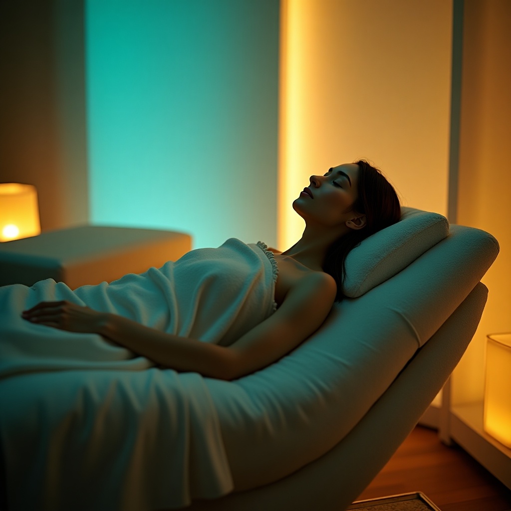 This image captures a serene spa-like environment, featuring a woman reclining comfortably on a plush chair. The setting is illuminated with warm, glowing lights that emit soothing teal and golden hues. The woman appears relaxed, enjoying a moment of peace and rejuvenation. The overall ambiance of the scene promotes a holistic approach to wellness. Ideal for conveying feelings of tranquility and self-care.