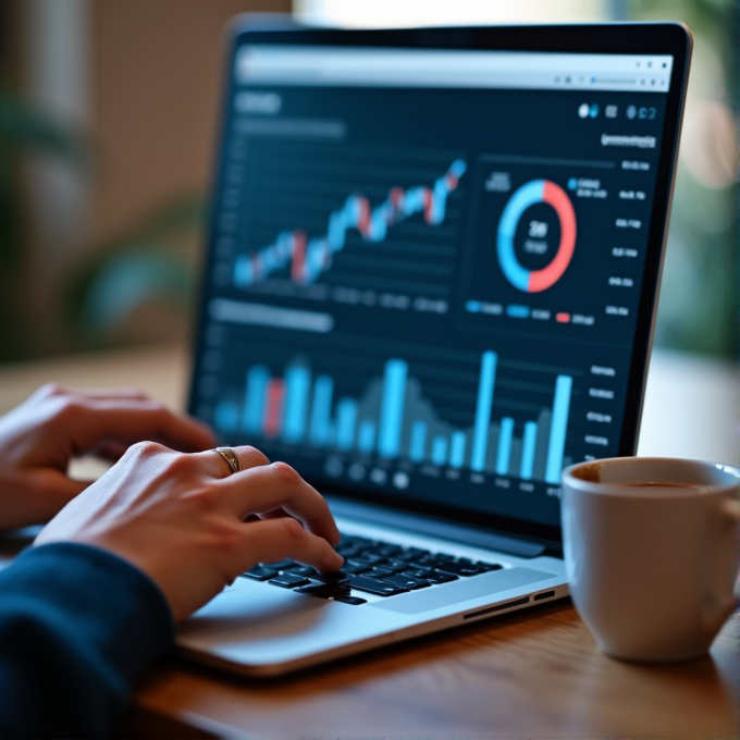 A person uses a laptop displaying various data charts next to a coffee cup on a wooden table.