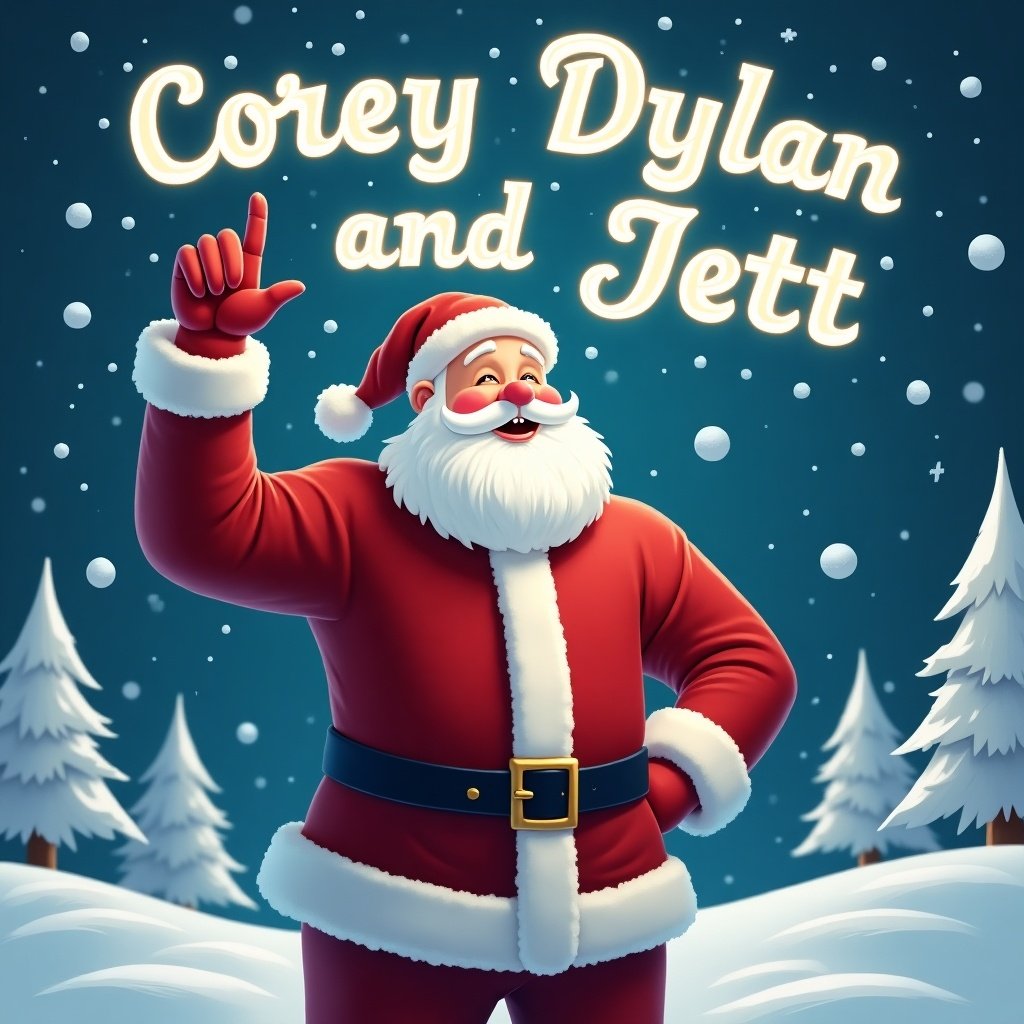 The image depicts a joyful Santa Claus standing in a winter wonderland. He is dressed in his traditional red suit with white trim and a matching hat. Santa is pointing upward as if he is magically writing a name in the sky. Snowflakes gently fall around him, adding to the festive atmosphere. In the sky, the names 'Corey, Dylan and Jett' are written in bright, glowing letters. The background features snowy trees, enhancing the Christmas scene.