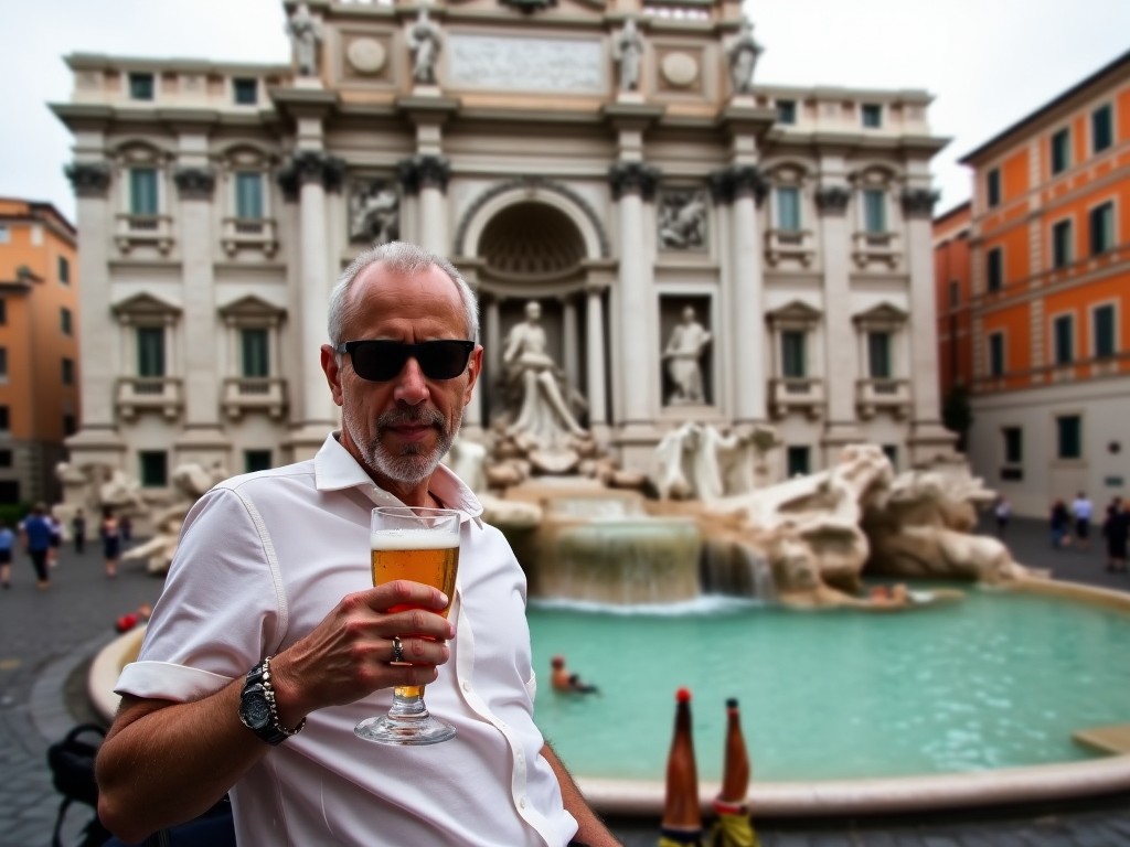 A man enjoying a drink by a famous fountain in Rome, Italy. The image captures a relaxed moment with people in the background and classical architecture.