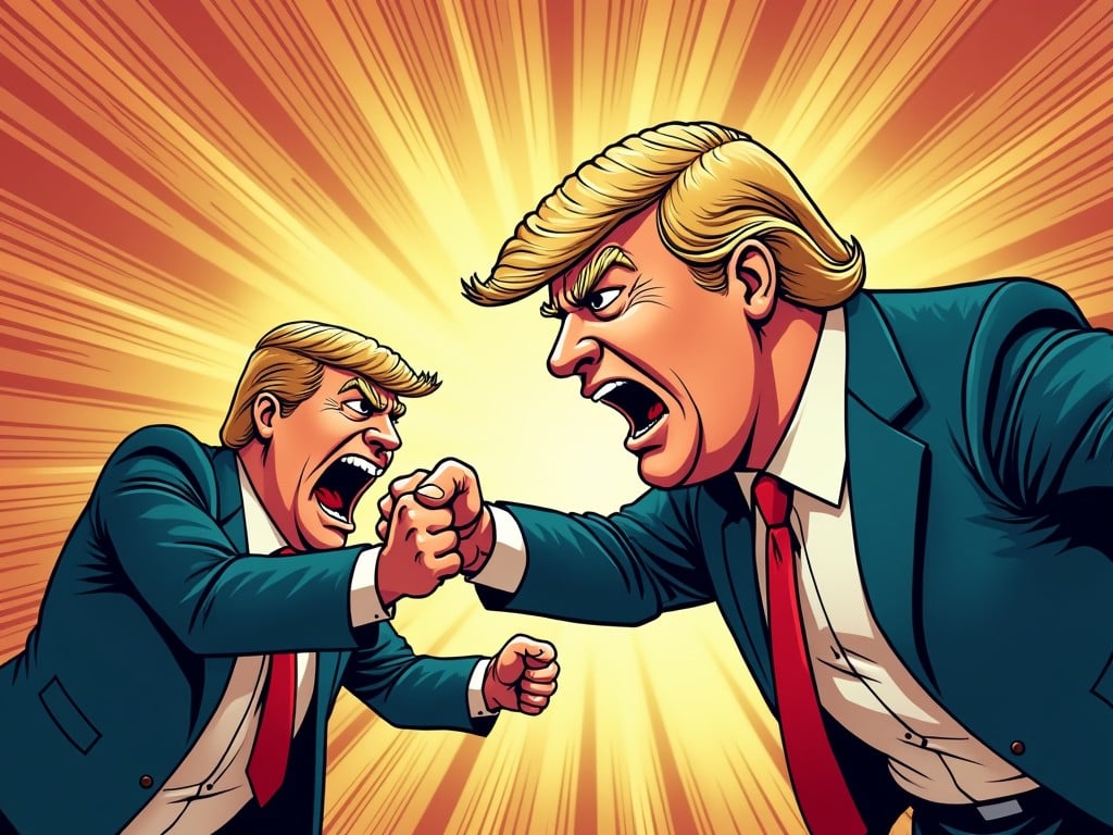 This vivid illustration depicts two identical figures engaged in an intense confrontation. Both are dressed in business suits and appear to be shouting at each other, with clenched fists meeting in the center. The background radiates with dynamic lines, emphasizing the explosive nature of their interaction.