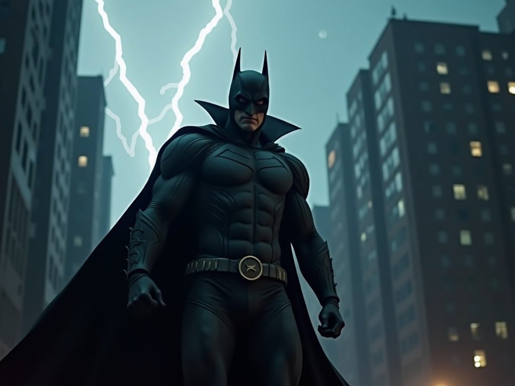 This image portrays a stylized version of a popular superhero, standing tall and confident in a city setting. The character is clad in a black costume with a cape, radiating a strong and heroic presence. Dramatic lightning strikes illuminate the scene, enhancing the mood. Skyscrapers loom in the background, making the character appear even more imposing. The overall atmosphere evokes themes of courage and justice.