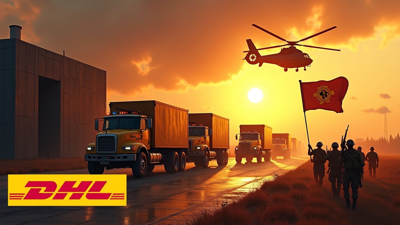 In a dramatic scene, several DHL delivery trucks drive up to a military bunker. The delivery trucks have large cannons mounted on their roof. Nearby, several soldiers holding rifles are seen marching together in unison. One soldier stands valiantly holding a flag with a DHL emblem. In the background, we can see a nuclear power plant. The sky is illuminated by the fiery sun, and a large DHL cargo helicopter flies above, adding to the intensity of the scene. At the bottom, we see the DHL logo, displayed in bold, yellow text.