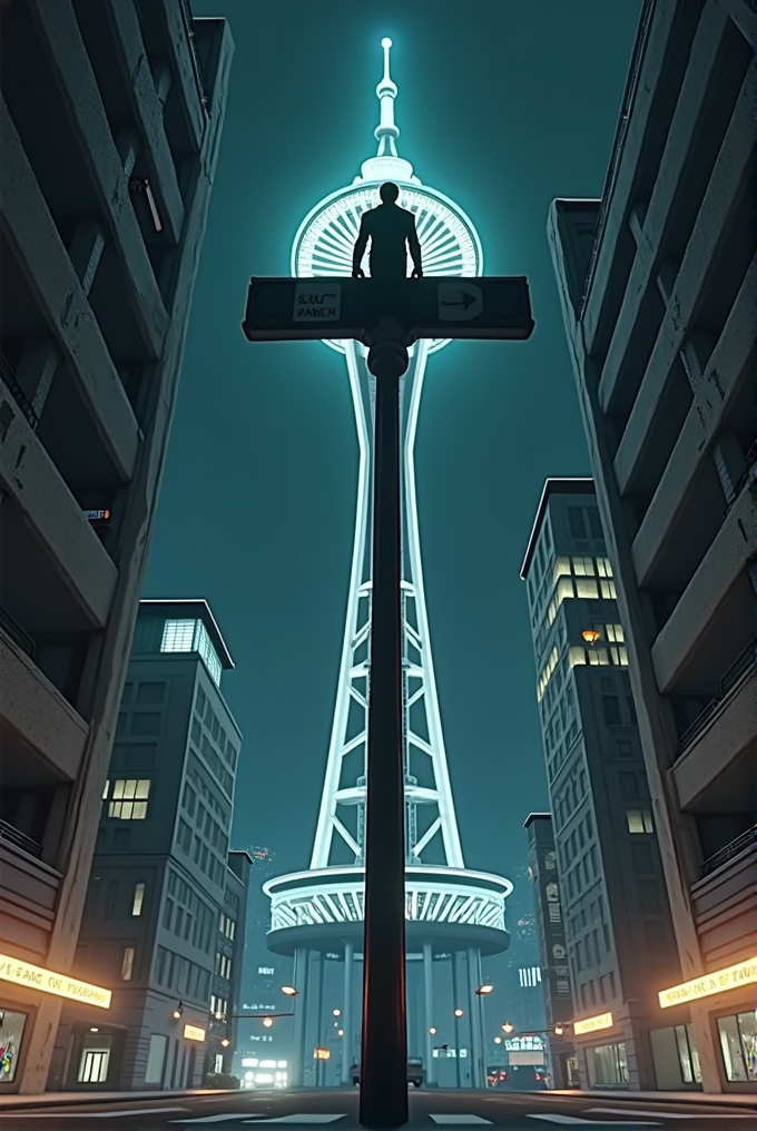 A silhouetted figure stands on a street sign in front of a brightly lit, futuristic tower in a cityscape at night.