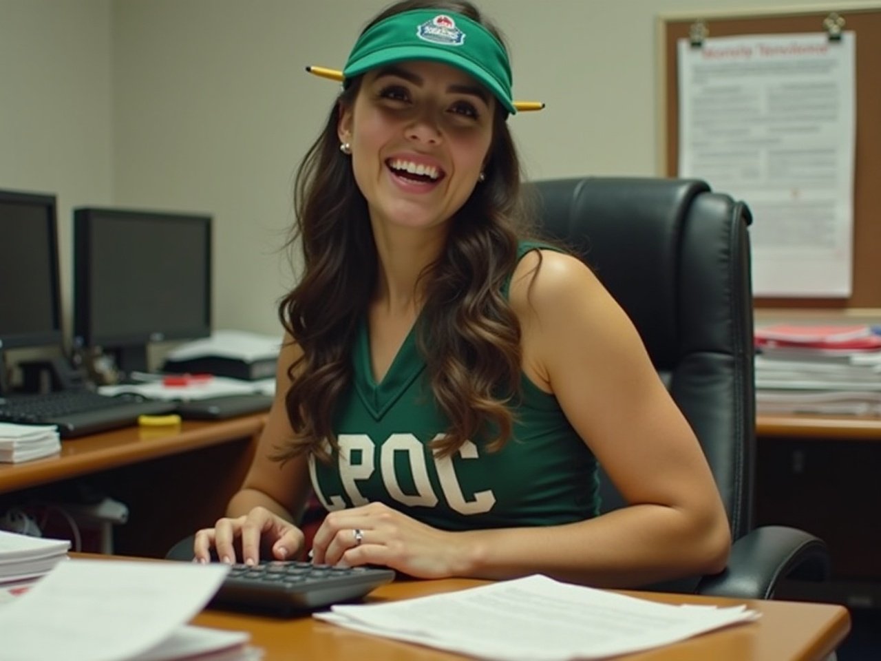 A cheerful woman wearing a visor and a sports-themed shirt sits at an office desk with paperwork.