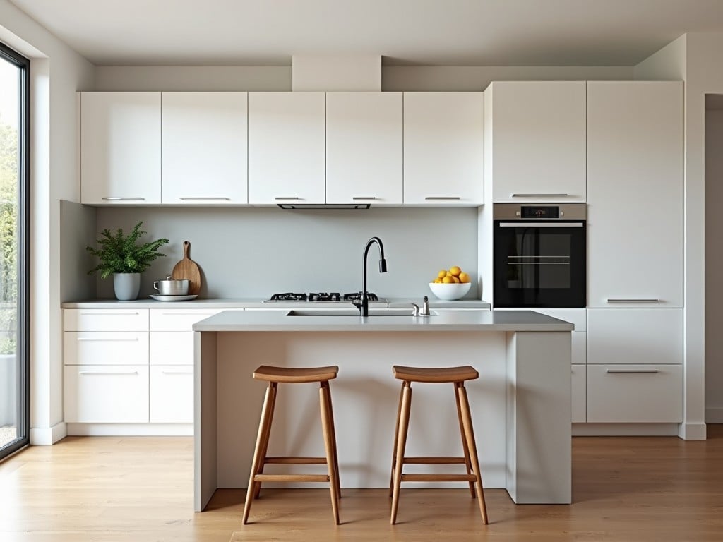 This image captures a modern kitchen with a sleek design featuring white cabinetry and a minimalist kitchen island. The kitchen is organized, with clear countertops enhancing its functionality. Two wooden stools add warmth and invitation to the island, creating a space ideal for meals or casual coffee breaks. Appliances are seamlessly integrated, boasting both style and practicality. Large windows allow natural light to flood in, creating an airy atmosphere that encourages cooking and socializing. Overall, this kitchen image exemplifies a contemporary and well-maintained culinary space.