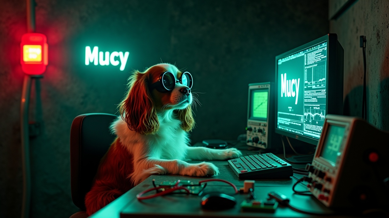 In a dark and eerie bunker, a fluffy Cavalier King Charles Spaniel is sitting in a chair, engaging with a complex piece of machinery. The dog wears magnifying goggles, looking at the computer screen. Surrounded by various wires and circuit boards, the scene showcases an unusual interaction between the pet and technological equipment. Nearby, oscilloscopes and multimeters display signals, adding to the industrial vibe. A bright red emergency alarm lights up the background, highlighting the expressive face of the dog. The glowing green text 'Mucy' on the computer screen adds a touch of personality to the image.