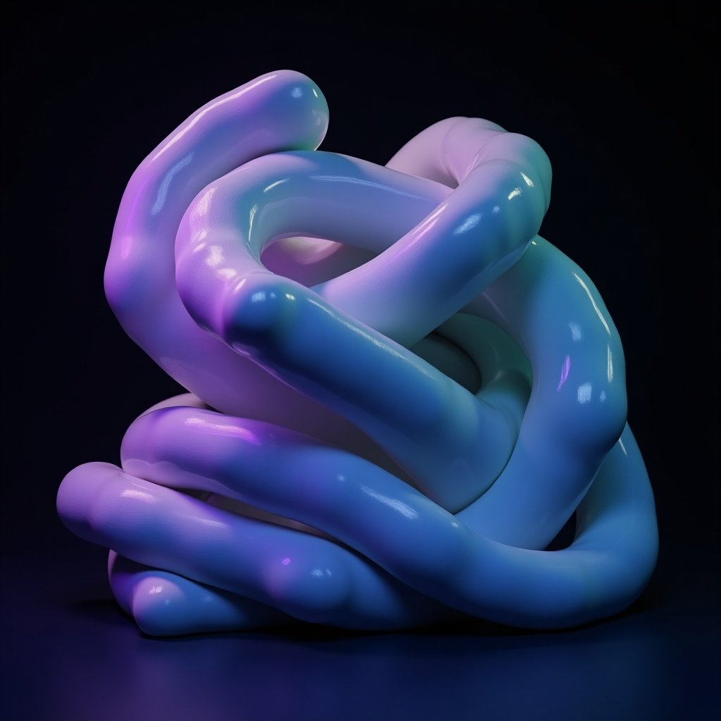 The image showcases an abstract sculpture with a dark background that enhances its features. The sculpture consists of intertwined shapes that convey a sense of fluidity and movement. Its rubbery texture contributes to a futuristic and surreal atmosphere. The lighting accentuates the curves and smooth surfaces, highlighting the vibrant colors. A gradient of radiant purple, blue, and soft green illuminates the sculpture, creating an eye-catching visual experience.