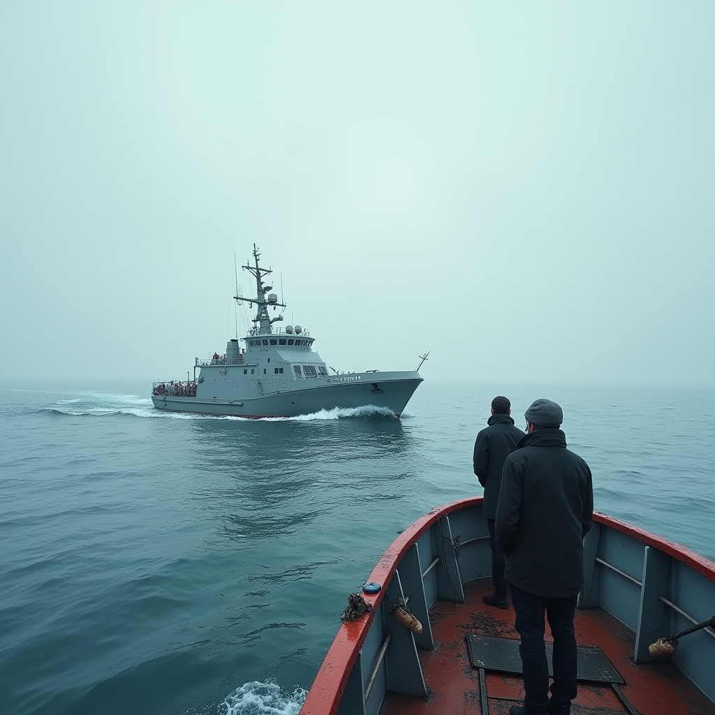 Two people on a boat watch a large ship pass by on a calm sea.