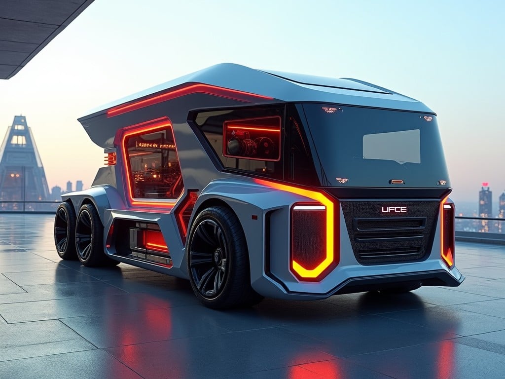 This image shows a futuristic truck with a sleek, modern design. The vehicle features bold lines and a unique shape that sets it apart from traditional trucks. It has glowing neon accents that add a sci-fi feel. The truck's cabin is visible, showcasing advanced technology and design elements. This concept vehicle symbolizes the future of transportation with its eye-catching aesthetics and innovative features.