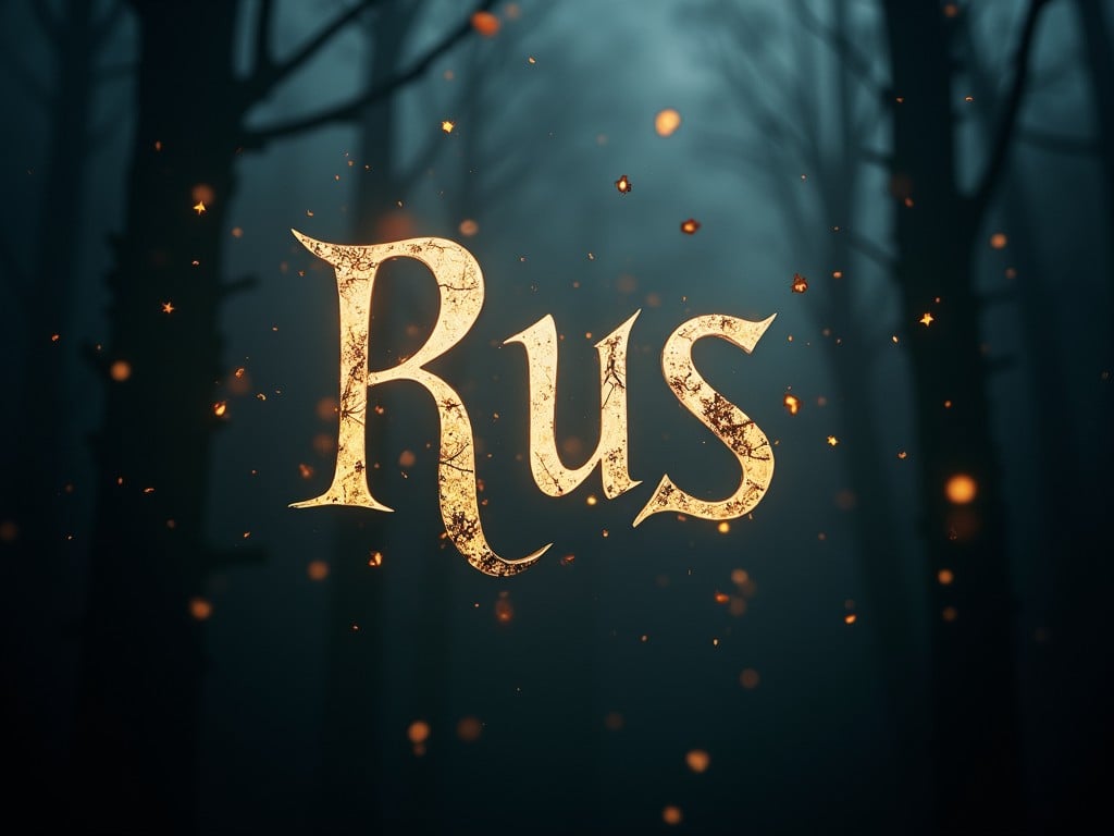 This image depicts a mystical forest with the word 'Rus' illuminated at its center. The forest is shrouded in darkness with only faint outlines of tall trees visible. Tiny glowing specks float around, resembling fireflies, casting a magical atmosphere.