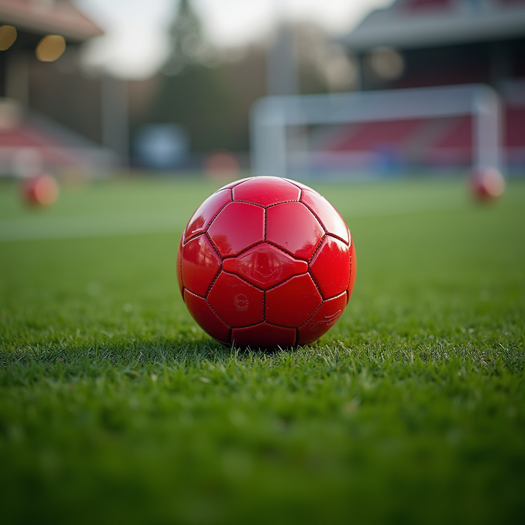 A red soccer ball resting on a lush green field with a blurred goalpost in the background.