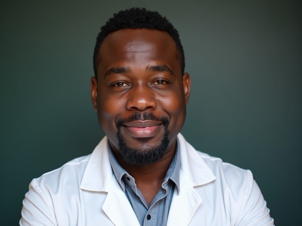 The image features a smiling male doctor wearing a white lab coat. He has short, neatly styled hair and a friendly demeanor. The background is a subtle dark green, creating a calm and professional atmosphere. His posture is relaxed, with arms crossed confidently. The image conveys trust and approachability, suitable for a healthcare setting.