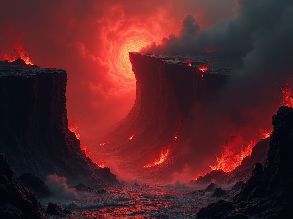 This image captures a dramatic volcanic scene, engulfed in a tumultuous display of fire and smoke. A swirling vortex of light draws the eye to its center, evoking an otherworldly sense of both beauty and danger. The chasm-like formations surrounding the light represent an abyss, invoking feelings of consuming rage. The color palette combines deep reds and blacks, enhancing the intensity of the scene. Wisps of smoke add to the chaotic atmosphere, creating a dramatic backdrop that suggests both destruction and awe.