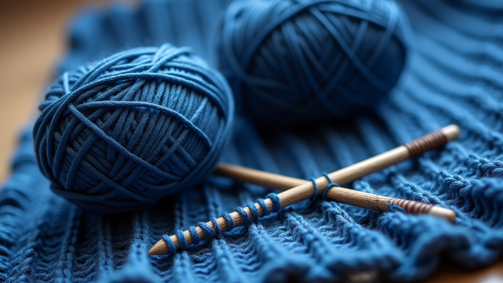 Blue yarn balls and wooden knitting needles rest on a partially knitted blue fabric.