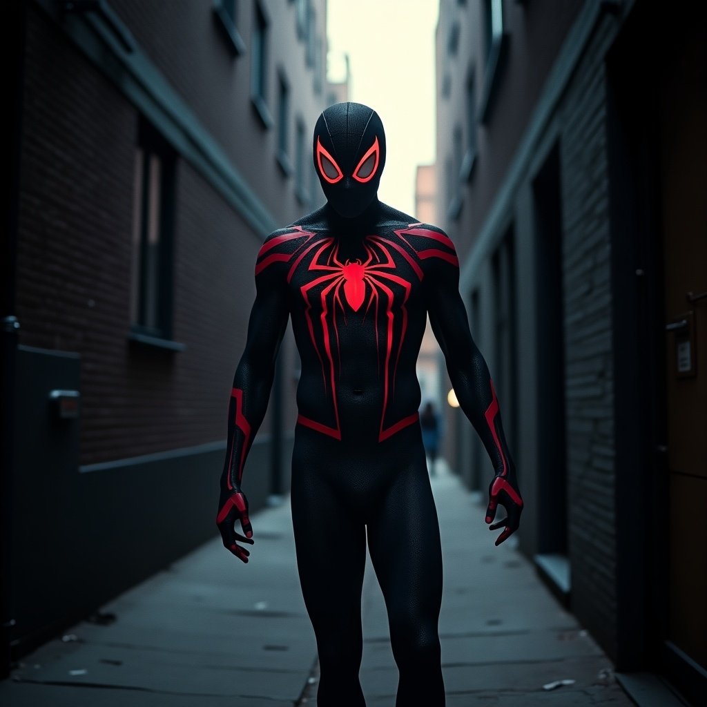 The image depicts a Spider-Man-like character standing confidently in a dimly lit alleyway. The character features a sleek black suit with vibrant red accents and glowing eyes, radiating a striking look. The setting is an urban landscape, with brick buildings flanking the narrow passage. The scene has a moody atmosphere, suggesting an impending action or a secretive encounter. The character exudes a sense of authority and heroism, making it clear they're ready to face any challenge.