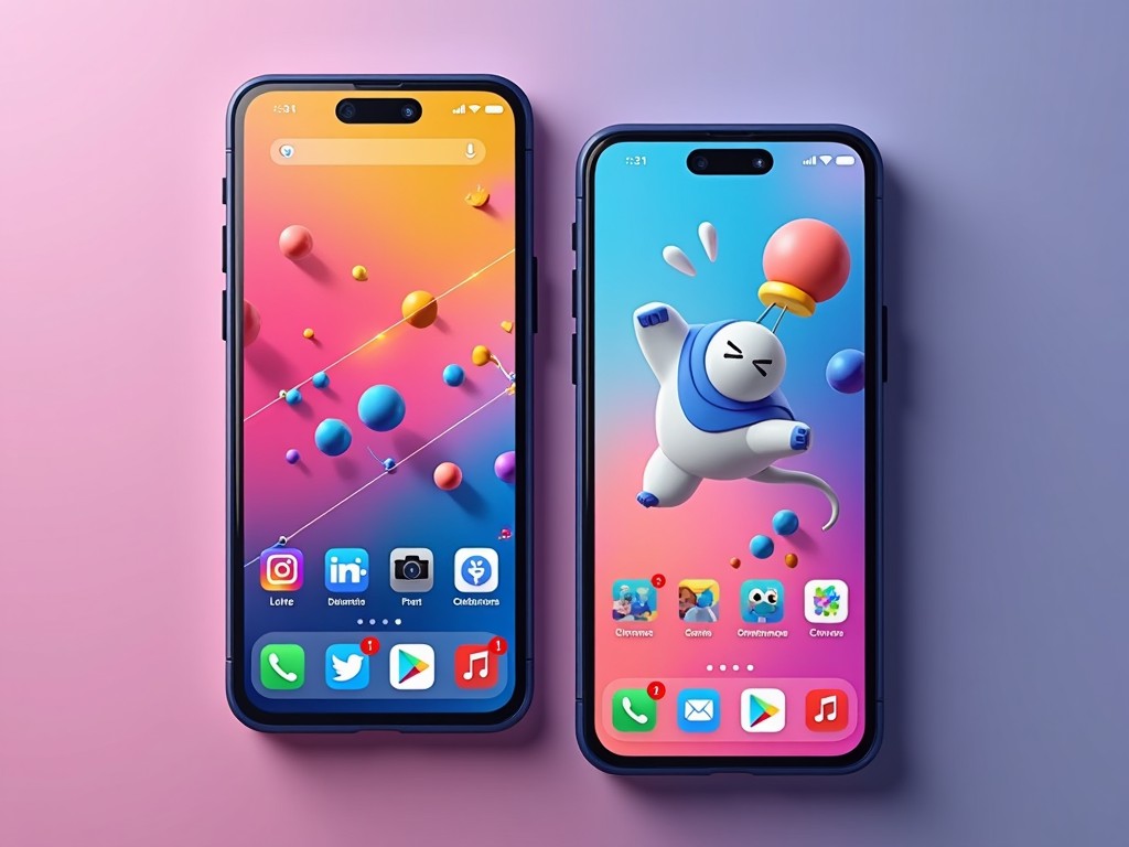 The image features a digital mockup displaying two modern smartphones side by side. Each phone showcases different colorful app interfaces that highlight various functions and designs. The background has a smooth gradient of pink, blue, and purple hues, creating an eye-catching effect. One phone displays a playful app with animated elements, while the other features a more professional interface. This setup represents both creativity and modern technology, making it ideal for showcasing app development or marketing campaigns.