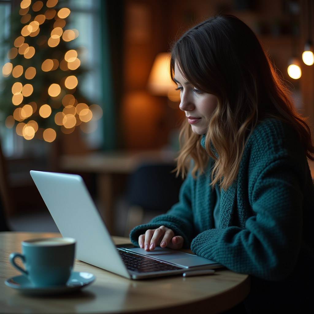 A woman in a warm sweater types on a laptop in a cozy, softly-lit cafe with a blurred Christmas tree in the background.