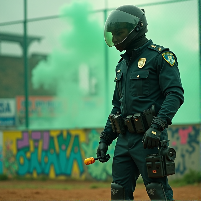 A riot police officer, equipped with a helmet and tactical gear, holds a walkie-talkie near green smoke, standing against a graffiti-covered wall.