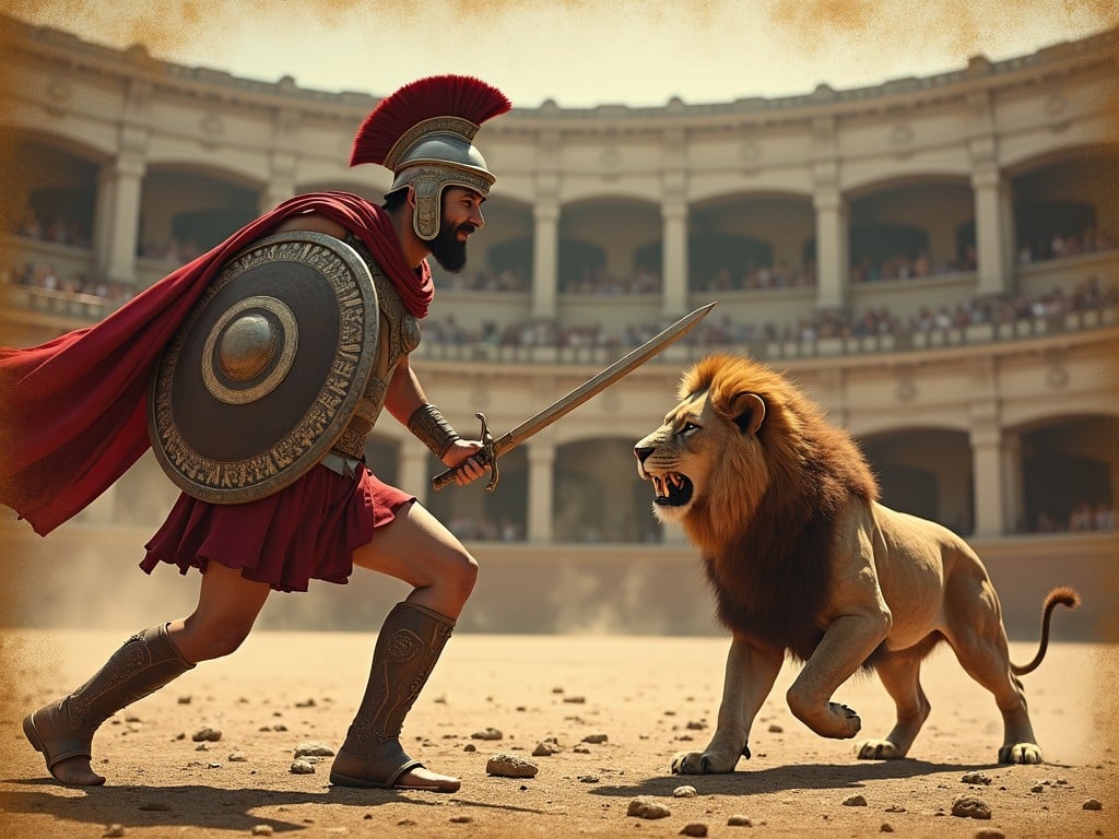 In this dramatic scene, a Roman gladiator stands ready to confront a fierce lion in an ancient arena. The gladiator, clad in traditional armor with a red plume on his helmet, holds a sword and shield with determination. The lion, poised to attack, shows his teeth in a menacing snarl. The grand coliseum surrounds them, filled with an eager audience watching the tense moment unfold.