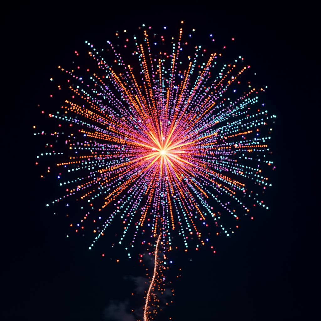 A vibrant, multi-colored firework explodes against a night sky, creating a stunning radial display.