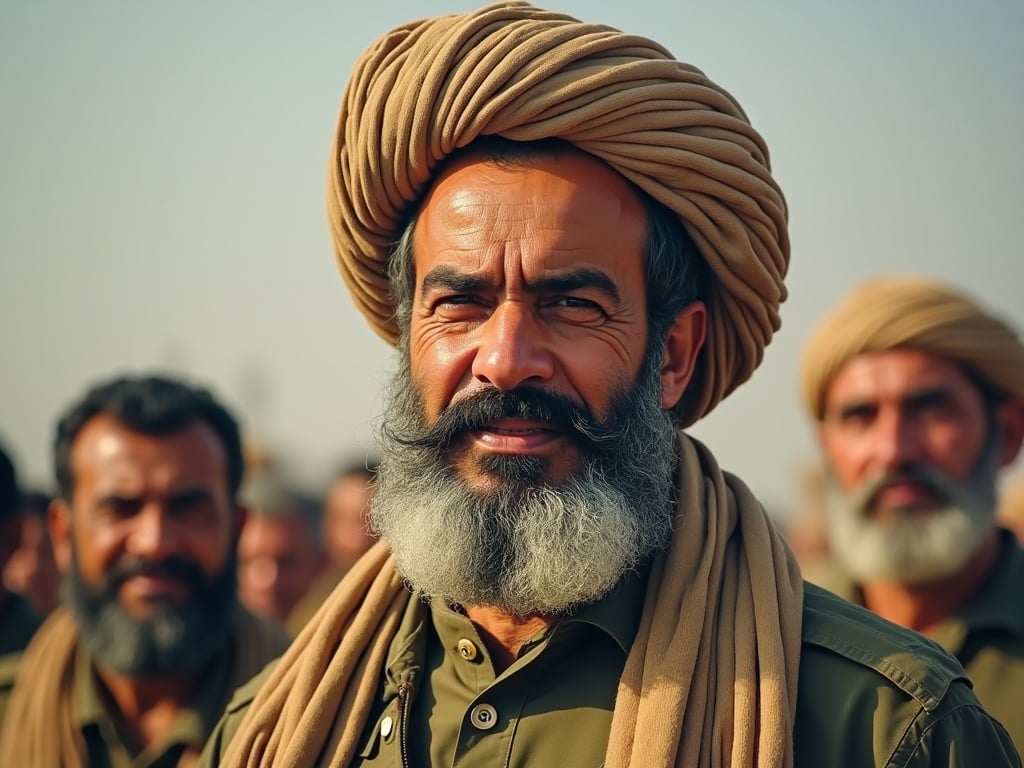 A Middle Eastern man wearing a traditional turban and an olive-green military uniform stands confidently. His well-groomed beard contrasts with the earthy tones of his attire. Behind him, a group of men in similar dress looks on. The bright daylight emphasizes their expressions and cultural attire. The background suggests a desert setting, typical for military gatherings in that region.