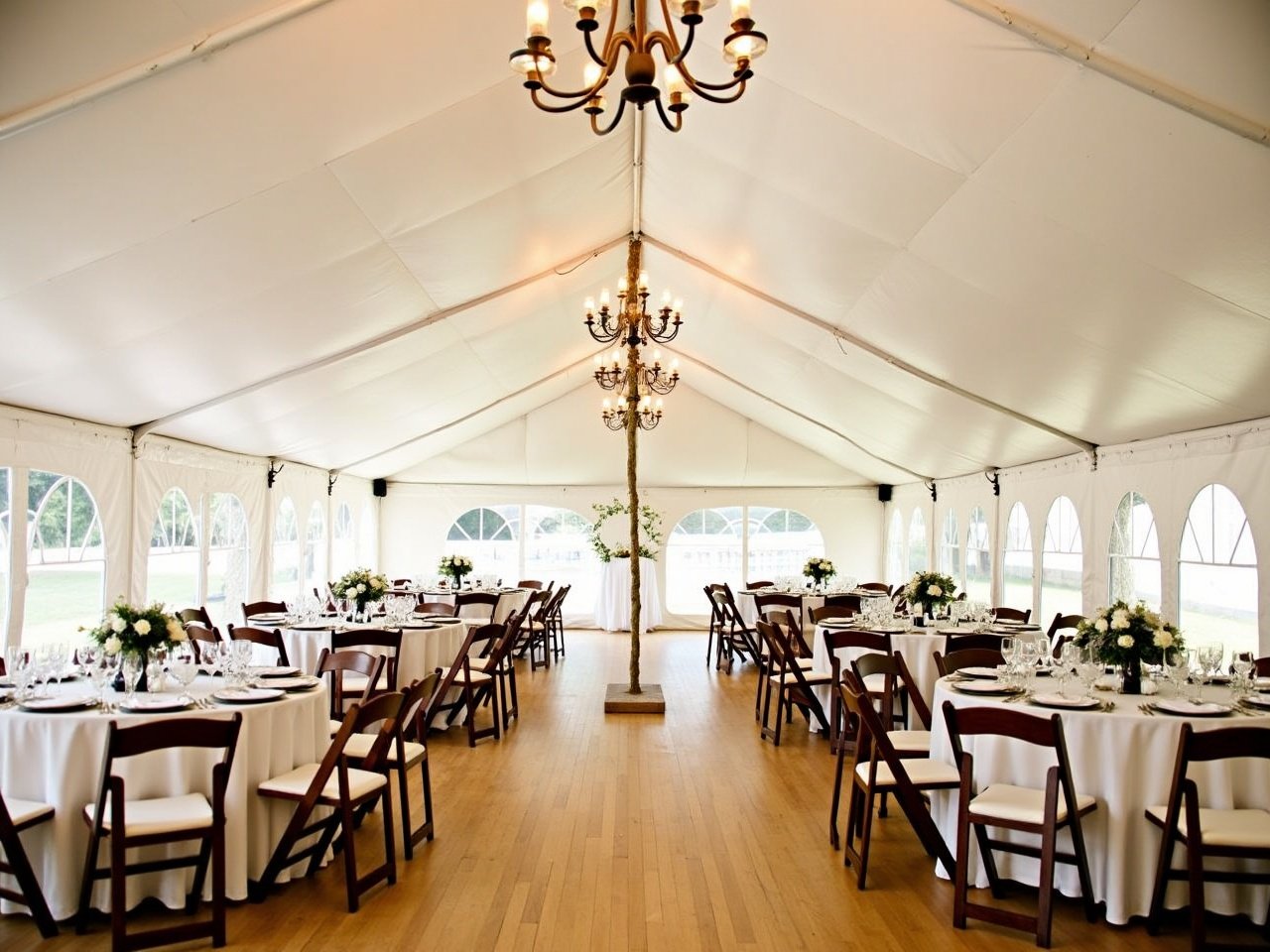 The image showcases an elegantly decorated wedding tent. Inside the tent, there are neatly arranged round tables covered with white tablecloths. Each table is adorned with simple yet sophisticated floral centerpieces. The warm lighting from a beautiful chandelier enhances the ambiance. The overall setup suggests an inviting atmosphere perfect for a wedding reception. Spacious and well-lit, the tent provides a serene backdrop for the celebration. Wooden chairs complement the decor, adding a touch of rustic charm.