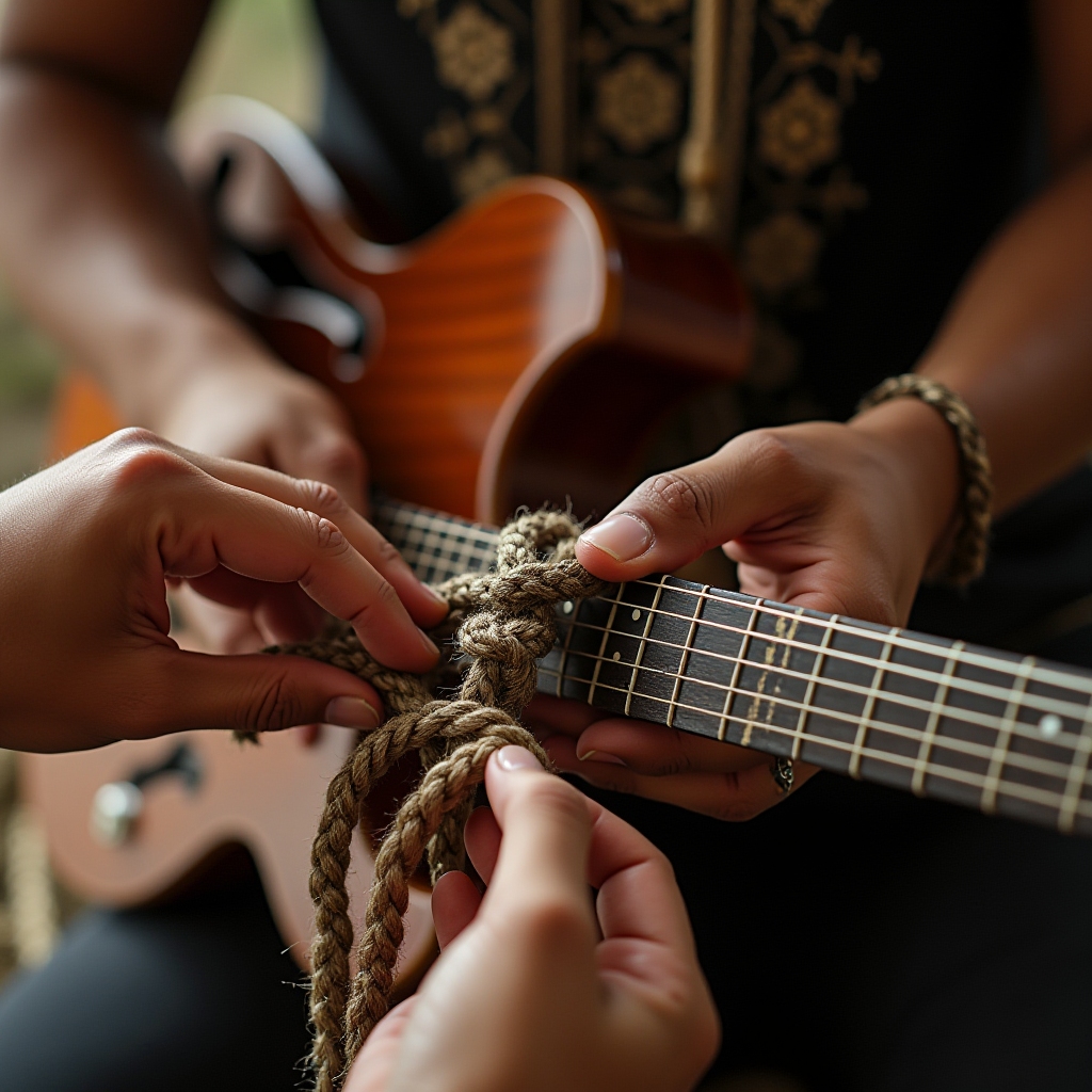 Two hands are tying a rope around the neck of a guitar.