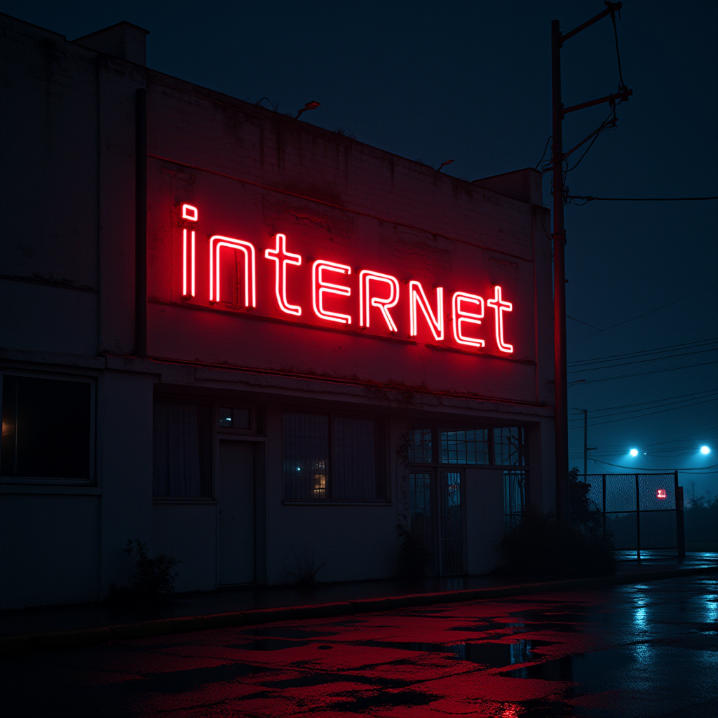 A dark building is illuminated by a bright red neon sign reading 'internet' at night.