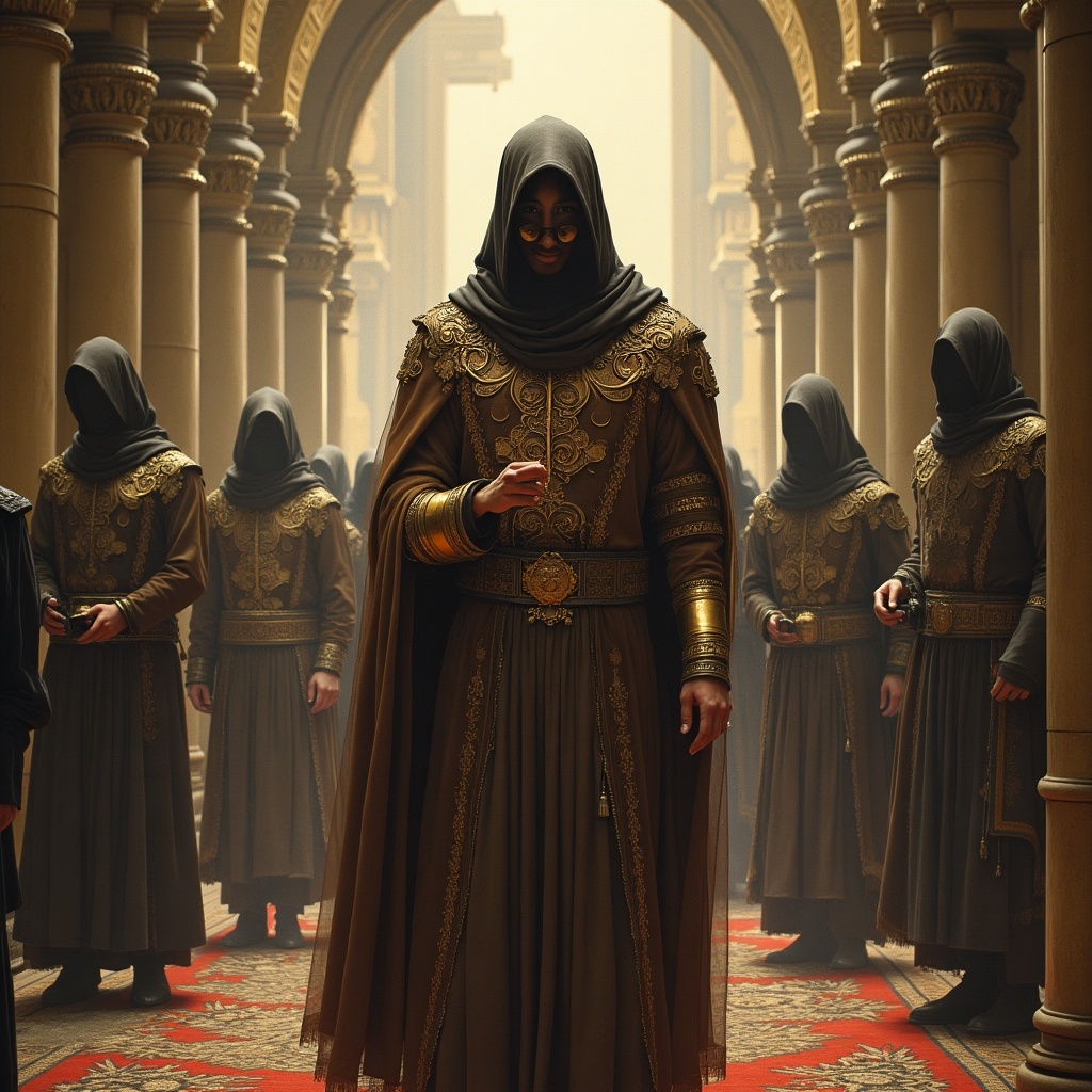 The image depicts a dramatic scene set in a grand, ornate hall filled with figures resembling ancient warriors or mystical beings. The central character stands prominently with an intricate costume, holding an object that captures attention. Surrounding them are other hooded figures, creating a sense of mystery and intrigue. The atmosphere is filled with soft, golden light filtering through the architecture, enhancing the opulence of the setting. The overall mood evokes feelings of power, authority, and a hint of the supernatural. This artwork could be representative of a fantasy narrative or theatrical performance.