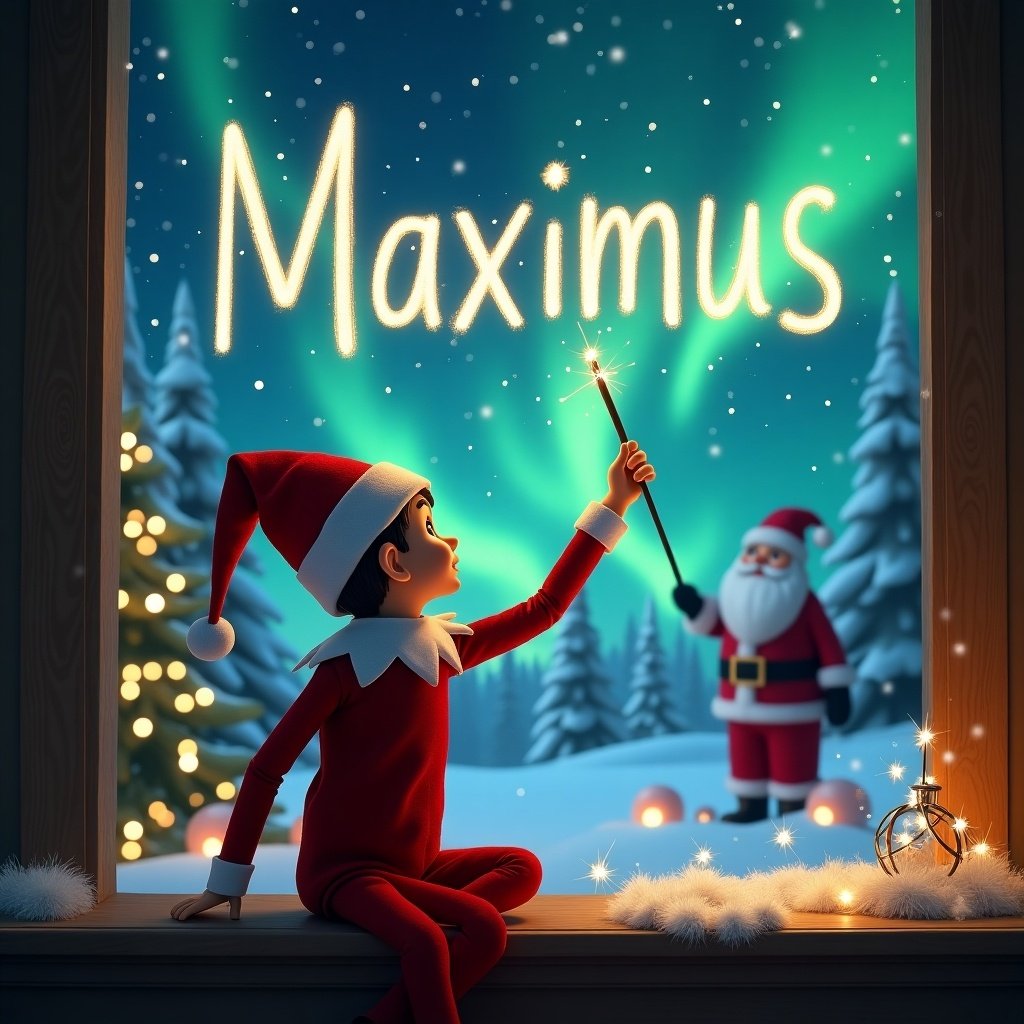 The image depicts an elf on the shelf facing a magical night sky. The elf, dressed in red with a white collar, joyfully uses a wand. In the sky, the elf writes the name 'Maximus' in sparkling light. Behind, a whimsical Christmas scene with Santa Claus can be seen. The backdrop features beautiful northern lights illuminating the snowy landscape. Other names, 'Bentley,' 'Carter,' and 'Kade,' can be imagined in the air. The atmosphere evokes wonder and holiday cheer.