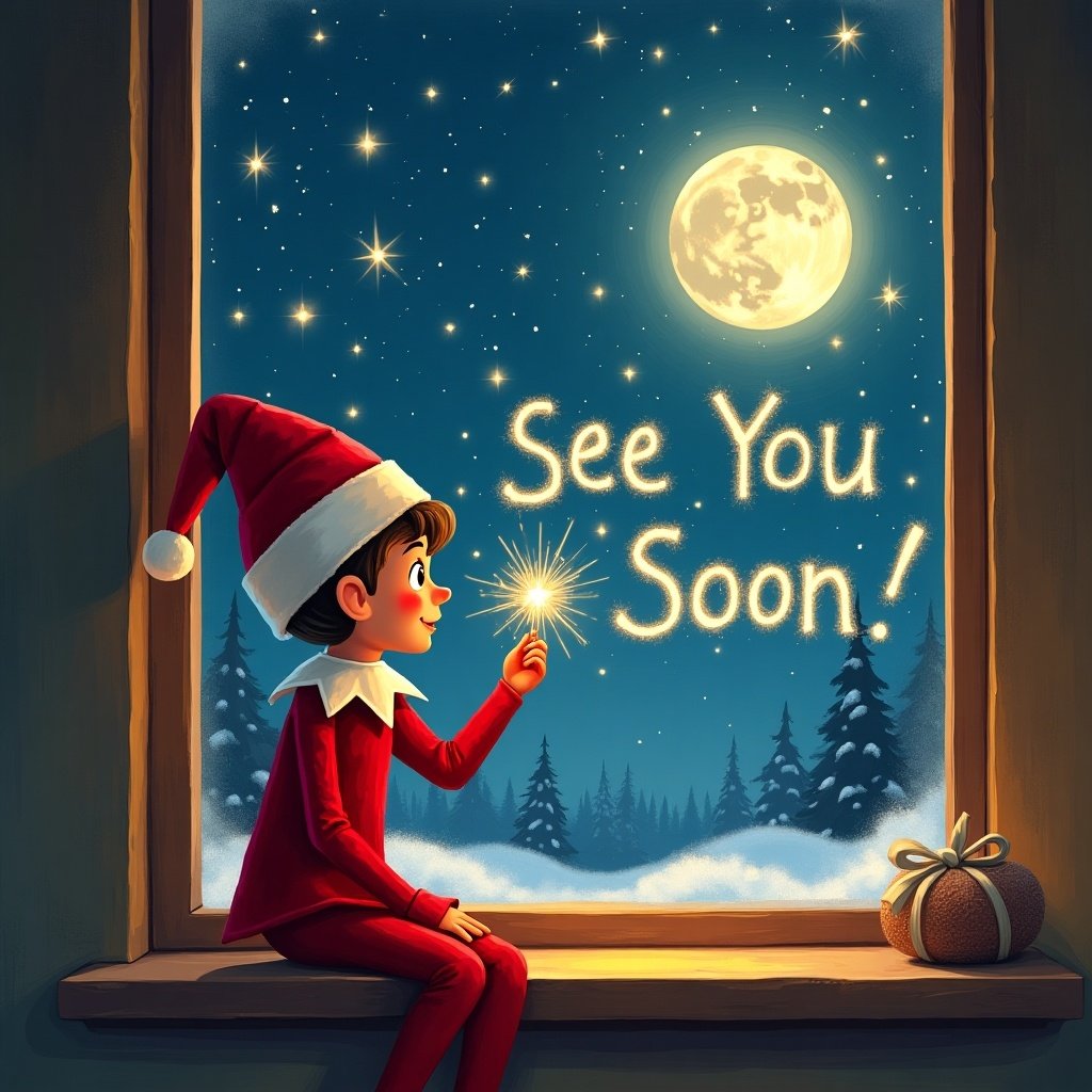 An illustration of an elf sitting by a window at night, wearing a charming red outfit and a pointy hat. The elf is joyfully using a sparkler to write 'See You Soon' in the night sky. Below, the names 'Peyton, Parker, Marley, & Matilda' are artistically displayed. The scene is beautifully lit with warm light, creating a cozy ambiance. Outside the window, the moon shines bright, adding to the festive feel of this enchanting illustration.