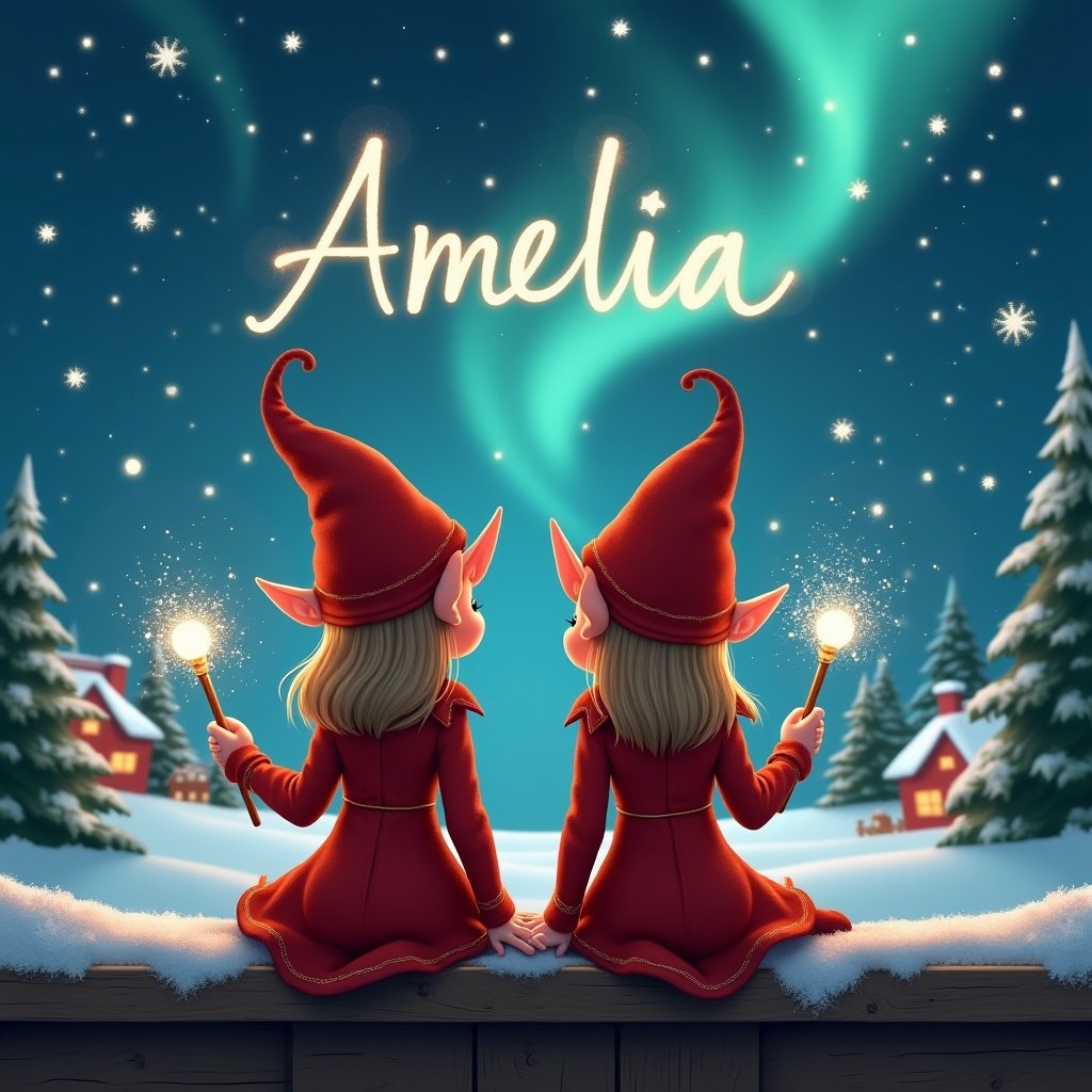 The scene shows two female elves sitting on a wooden ledge, looking at a magical sky filled with sparkling stars and the Northern Lights. They are wearing red outfits with pointed hats, embodying the spirit of Christmas. Each elf has a sparkling wand in hand, adding to the whimsical atmosphere. The background features charming little houses and evergreen trees, all blanketed in snow, enhancing the festive feel. One elf elegantly writes the names 'Amelia' and 'Piper' in the starry sky, creating a delightful moment filled with childhood magic.