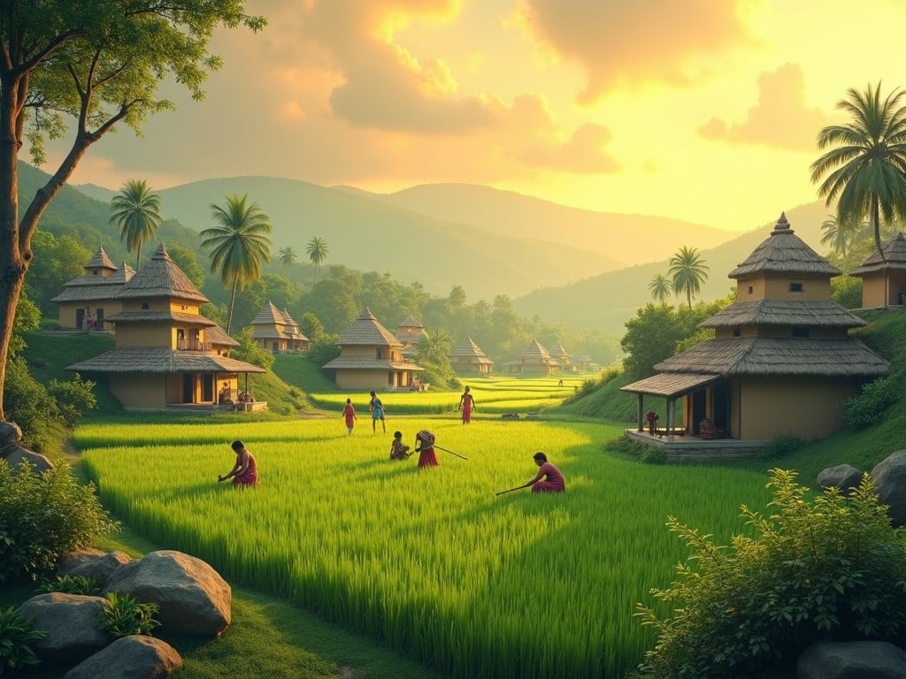 Illustration of a traditional village with thatched huts and people working in lush green fields under a warm sunset.