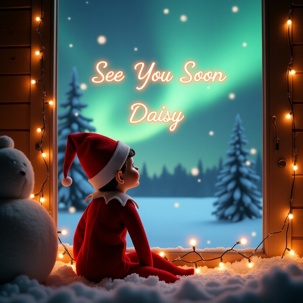 The image features a charming elf sitting quietly by a snowy window. The elf is dressed in a bright red outfit with a matching hat. Outside, the mesmerizing northern lights cast a magical glow. A cozy atmosphere is created with twinkling fairy lights around the elf. Above the elf, the words 'See You Soon Daisy' are elegantly written in glowing text. The snowy landscape enhances the holiday spirit, making the scene perfect for winter-themed content.