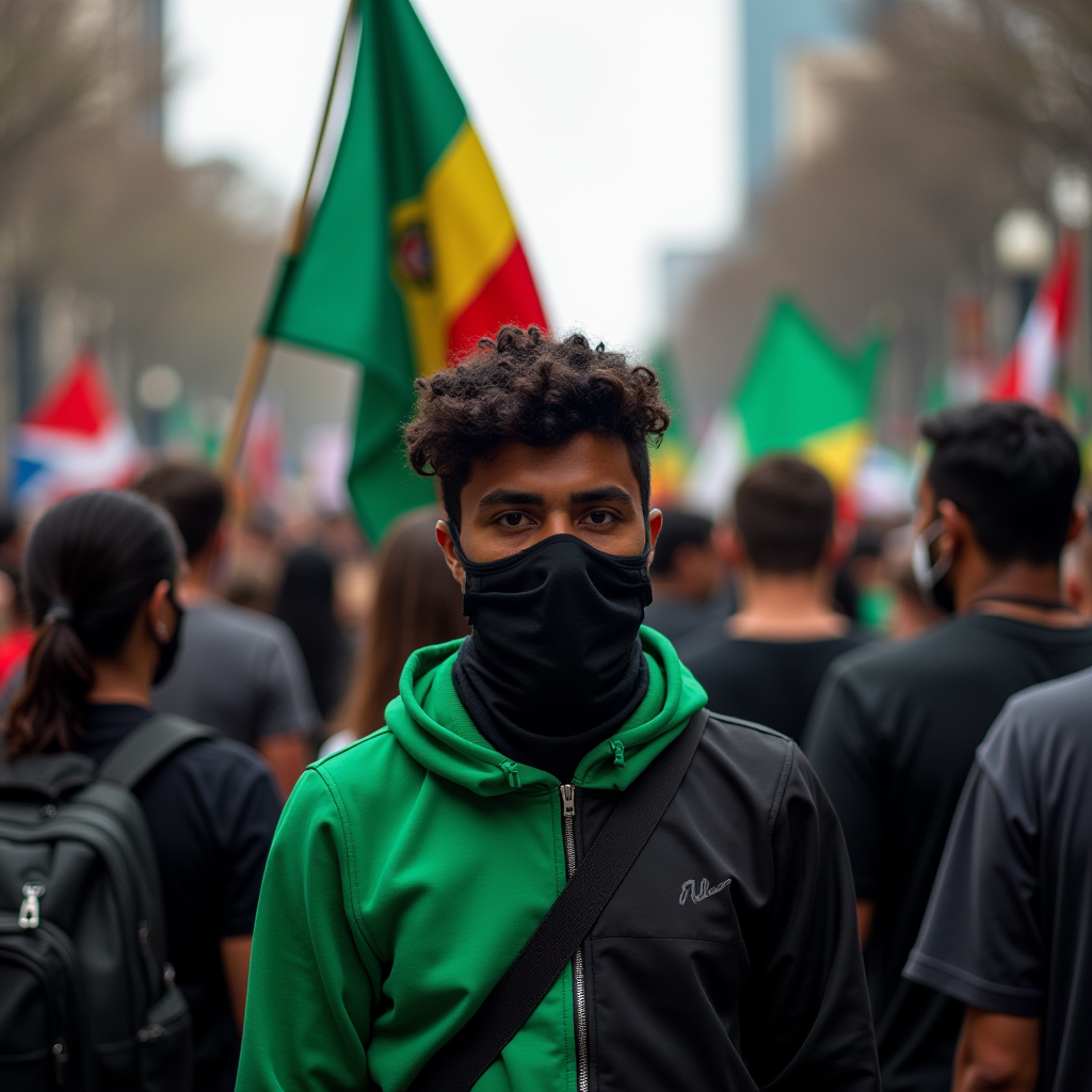 A man wearing a face mask stands in a crowd holding various national flags, prominently a green, red, and yellow flag.