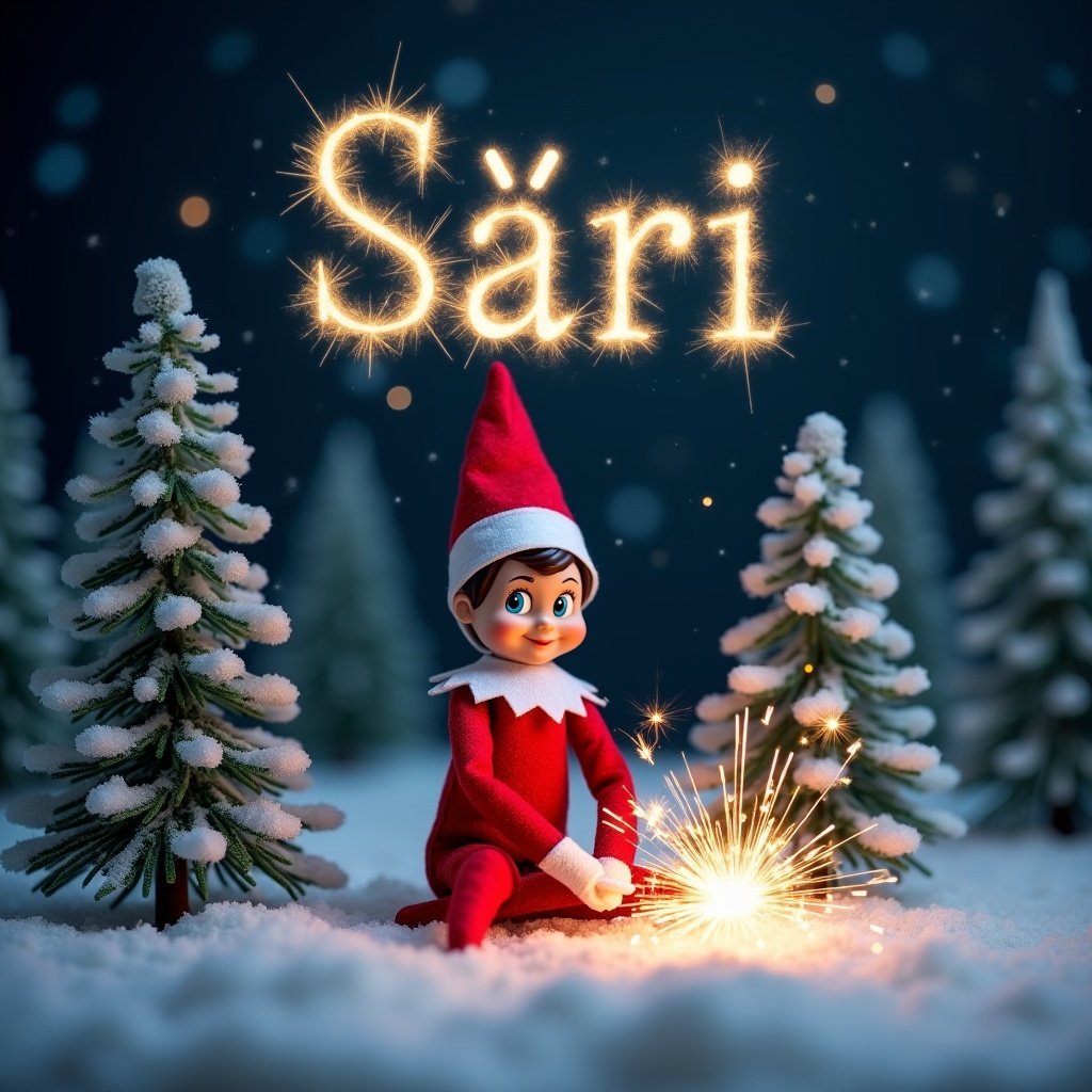 The image showcases an Elf on the Shelf amidst a snowy landscape. This elf, dressed in festive red and white, is joyfully holding a sparkler, emitting bright sparks. Above, the name 'Sári' gleams in sparkling letters. Surrounding the elf are beautiful snow-covered evergreen trees, enhancing the magical feel of the scene. The soft lighting casts a warm glow on the elf, creating a delightful holiday atmosphere.