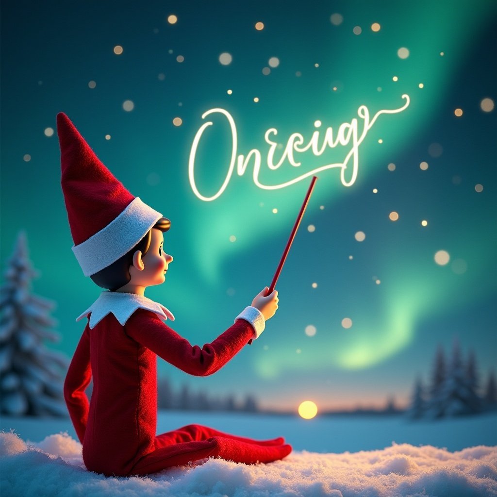 The image depicts an elf on a shelf with its back to the viewer, facing the enchanting northern lights. The elf is dressed in a classic red outfit and hat. It is holding a magic wand, gracefully writing the name 'Kynleigh' in the sky. The background showcases a magical Christmas atmosphere with snow-covered trees and twinkling stars. Soft, glowing lights enhance the whimsical feel of the scene. The elf appears to be engaged in a festive activity, embodying the spirit of Christmas cheer.