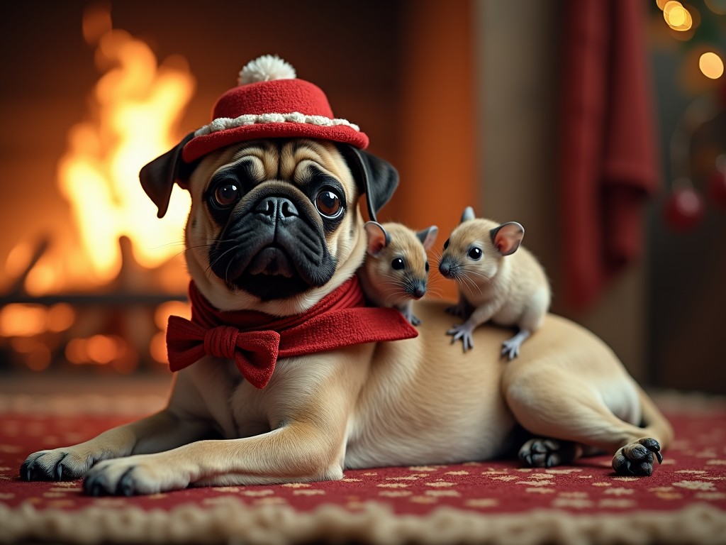 A charming image depicting a pug wearing a red winter hat and bowtie, lounging comfortably on a patterned rug in front of a warm fireplace. Perched on its back are two small rodents, adding a playful touch to the scene. The ambiance is cozy and festive, with the fire casting a gentle glow, creating a picturesque winter setting.