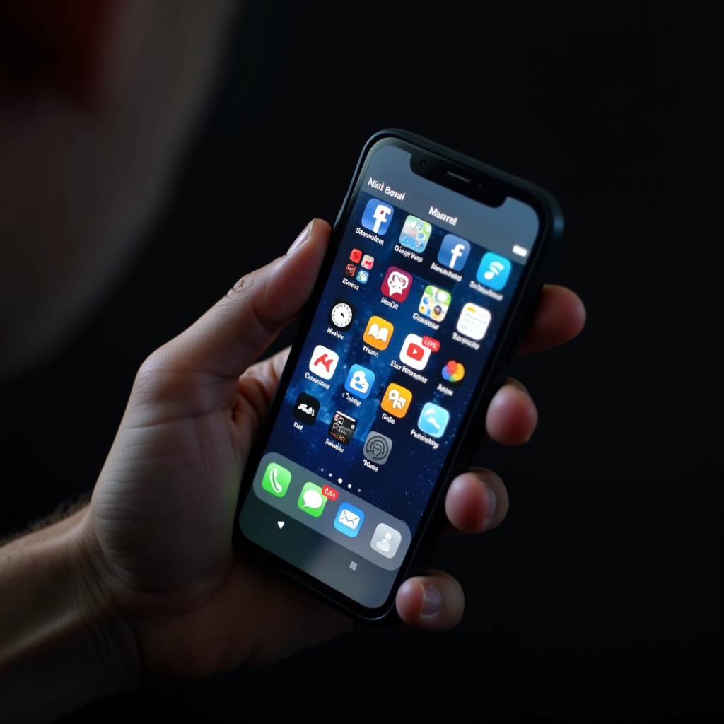 A hand holds a smartphone displaying a variety of app icons against a dark background.