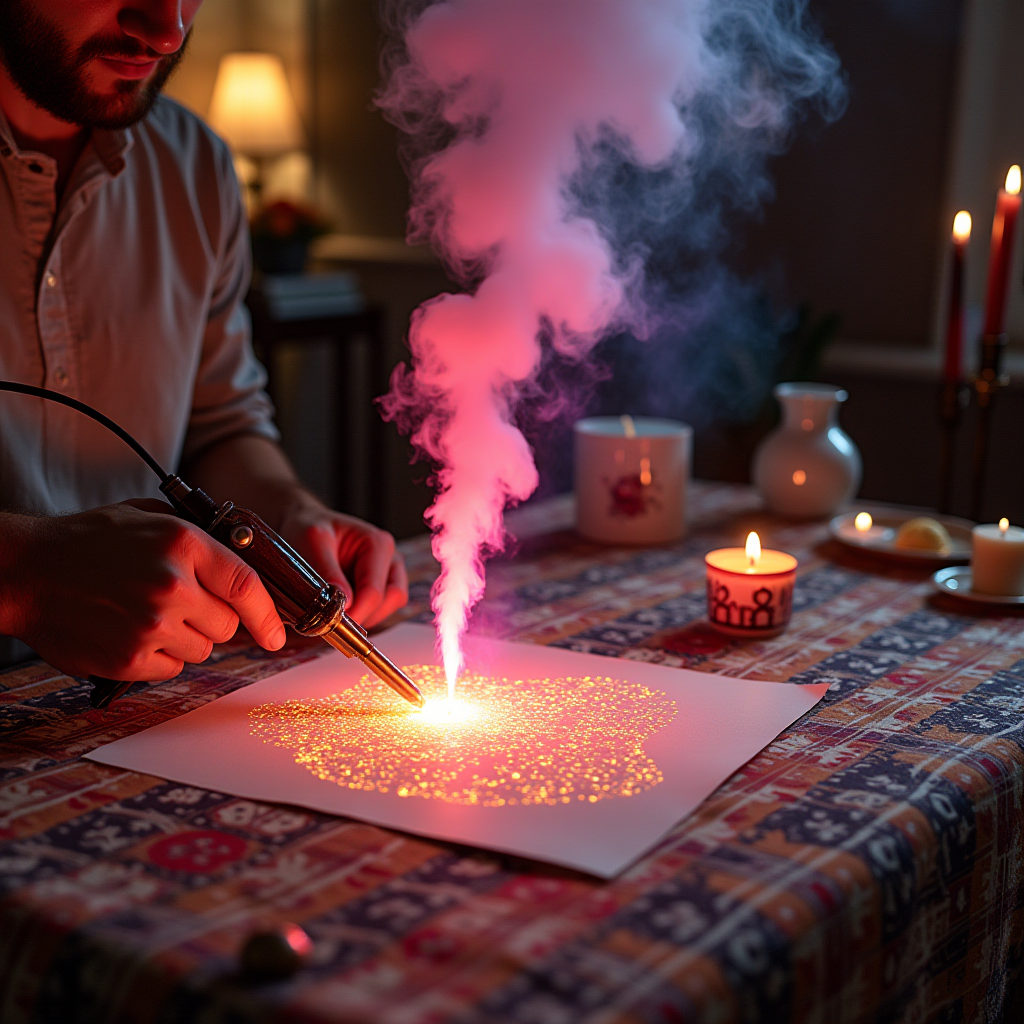 A person uses a tool to create sparks and smoke on a patterned tablecloth, with candles adding to the light.