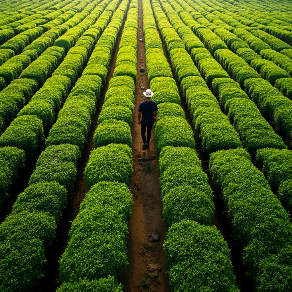 A person in a hat walks through lush green rows of plants, creating a sense of tranquility.