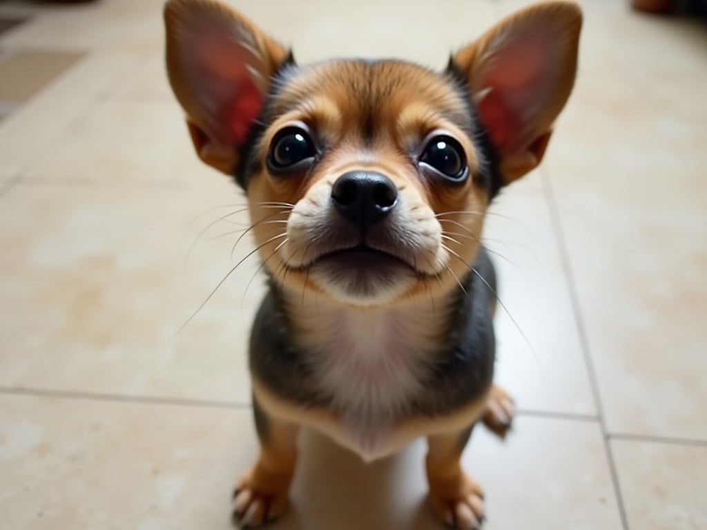 A cute puppy with big eyes looking directly at the camera